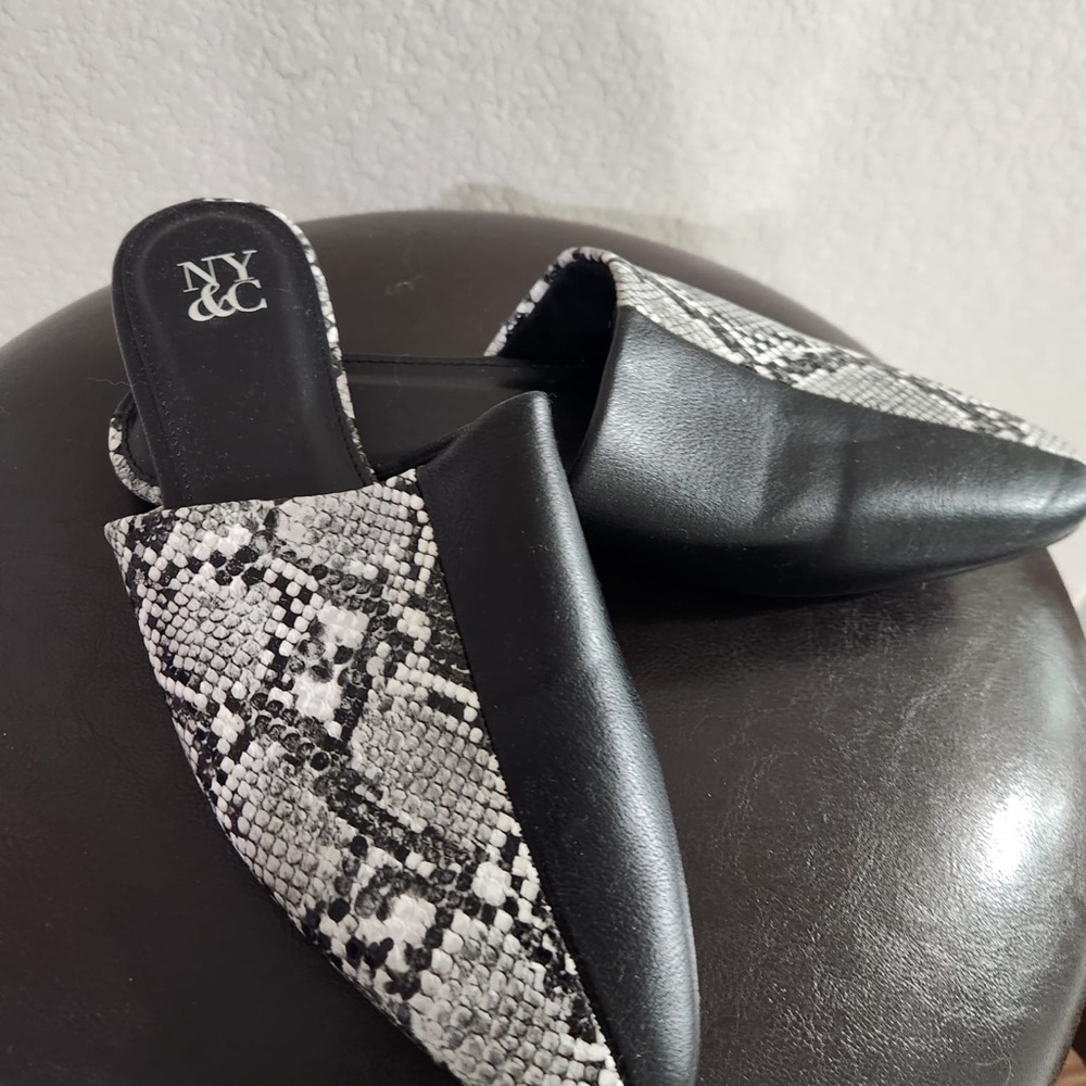 New York & Company Black and White Snakeskin Mules